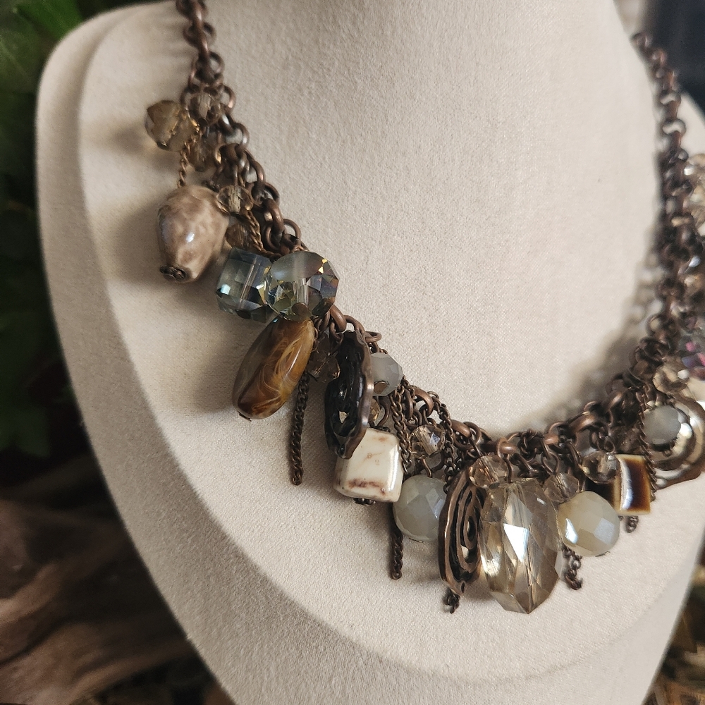 Chunky Necklace Bohemian Boho Bronze / Gold Tone W/ Stones Ecentric Bib Necklace